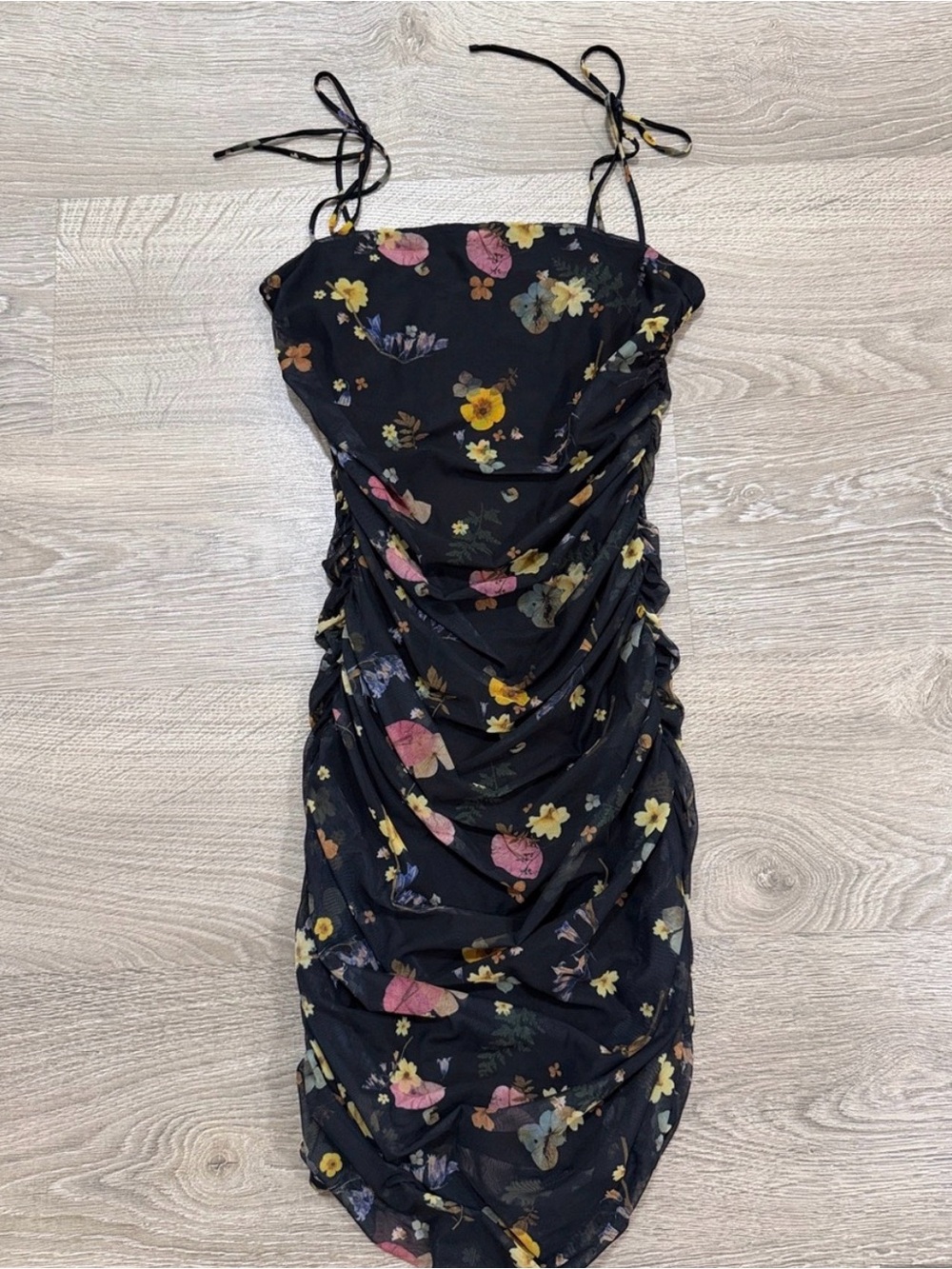 Aritzia Black Floral Ruched Mini Dress with Tie Straps